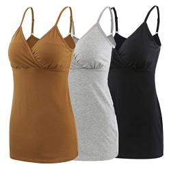 COLOMI Still-Tanktops für Mutterschaft Unterhemden für Schwangere BH zum Stillen Basic Camisole (S,Black+Grey+Olive/3Pack) von COLOMI