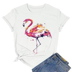Damen-T-Shirt mit Flamingo-Grafik, niedliches Tiermuster, weiche Baumwolle, Rundhalsausschnitt, Weiss/opulenter Garten, Klein von COLORFUL BLING
