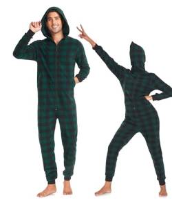 COLORFULLE Weihnachts-Einteiler für Paare, Fleece-Overall mit durchgehendem Reißverschluss, Pyjama, langärmelig, mit Taschen (Grün Karier Herren XL) von COLORFULLEAF