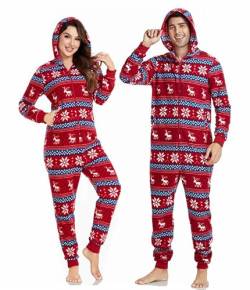 COLORFULLE Weihnachts-Einteiler für Paare, Fleece-Overall mit durchgehendem Reißverschluss, Pyjama, langärmelig, mit Taschen (Rot REH Herren XL) von COLORFULLEAF