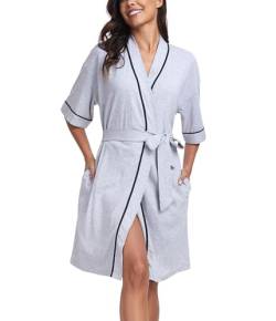 COLORFULLEAF 100% Baumwolle Bademäntel Damen Kurz Leicht Sommer Morgenmantel Kurzarm Sauna Kimono Weiche Dünn Frauen Nachtwäsche(Grau XL) von COLORFULLEAF