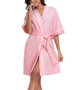 COLORFULLEAF 100% Baumwolle Bademäntel Damen Kurz Leicht Sommer Morgenmantel Kurzarm Sauna Kimono Weiche Dünn Frauen Nachtwäsche(Rosa XL) von COLORFULLEAF