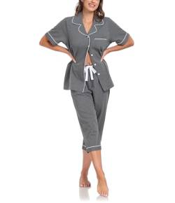 COLORFULLEAF 100% Baumwolle Damen Schlafanzug Sommer Kurz Zweiteiliger Pyjama Kurzarm Top und 3/4 Lange Capri Hose Nachtwäsche Set mit Knopf(Dunkelgrau,S) von COLORFULLEAF