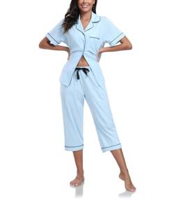 COLORFULLEAF 100% Baumwolle Damen Schlafanzug Sommer Kurz Zweiteiliger Pyjama Kurzarm Top und 3/4 Lange Capri Hose Nachtwäsche Set mit Knopf(Hellblau,L) von COLORFULLEAF