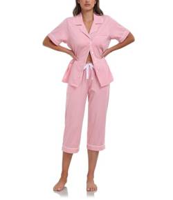 COLORFULLEAF 100% Baumwolle Damen Schlafanzug Sommer Kurz Zweiteiliger Pyjama Kurzarm Top und 3/4 Lange Capri Hose Nachtwäsche Set mit Knopf(Rosa,S) von COLORFULLEAF
