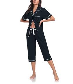 COLORFULLEAF 100% Baumwolle Damen Schlafanzug Sommer Kurz Zweiteiliger Pyjama Kurzarm Top und 3/4 Lange Capri Hose Nachtwäsche Set mit Knopf(Schwarz,L) von COLORFULLEAF