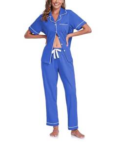 COLORFULLEAF 100% Baumwolle Damen Schlafanzug mit Knopfleiste Nachtwäsche Pyjama Set Zweiteiliger Kurzarm Lange Hose Hausanzug(Blau M) von COLORFULLEAF