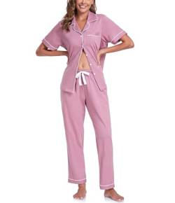 COLORFULLEAF 100% Baumwolle Damen Schlafanzug mit Knopfleiste Nachtwäsche Pyjama Set Zweiteiliger Kurzarm Lange Hose Hausanzug(Düstere Rose XXL) von COLORFULLEAF