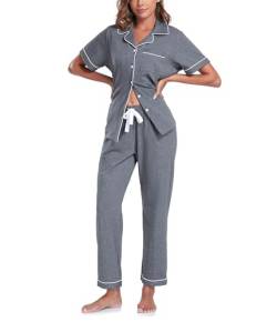 COLORFULLEAF 100% Baumwolle Damen Schlafanzug mit Knopfleiste Nachtwäsche Pyjama Set Zweiteiliger Kurzarm Lange Hose Hausanzug(Dunkelgrau L) von COLORFULLEAF