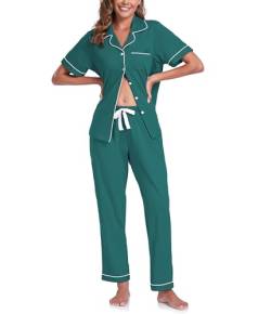 COLORFULLEAF 100% Baumwolle Damen Schlafanzug mit Knopfleiste Nachtwäsche Pyjama Set Zweiteiliger Kurzarm Lange Hose Hausanzug(Grün L) von COLORFULLEAF