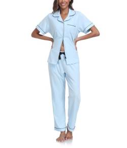 COLORFULLEAF 100% Baumwolle Damen Schlafanzug mit Knopfleiste Nachtwäsche Pyjama Set Zweiteiliger Kurzarm Lange Hose Hausanzug(Hellblau L) von COLORFULLEAF