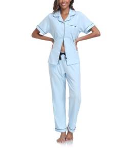 COLORFULLEAF 100% Baumwolle Damen Schlafanzug mit Knopfleiste Nachtwäsche Pyjama Set Zweiteiliger Kurzarm Lange Hose Hausanzug(Hellblau XXL) von COLORFULLEAF