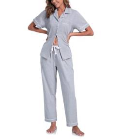 COLORFULLEAF 100% Baumwolle Damen Schlafanzug mit Knopfleiste Nachtwäsche Pyjama Set Zweiteiliger Kurzarm Lange Hose Hausanzug(Hellgrau XXL) von COLORFULLEAF