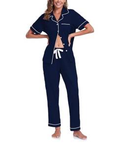 COLORFULLEAF 100% Baumwolle Damen Schlafanzug mit Knopfleiste Nachtwäsche Pyjama Set Zweiteiliger Kurzarm Lange Hose Hausanzug(Navy Blau M) von COLORFULLEAF