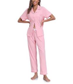 COLORFULLEAF 100% Baumwolle Damen Schlafanzug mit Knopfleiste Nachtwäsche Pyjama Set Zweiteiliger Kurzarm Lange Hose Hausanzug(Rosa L) von COLORFULLEAF