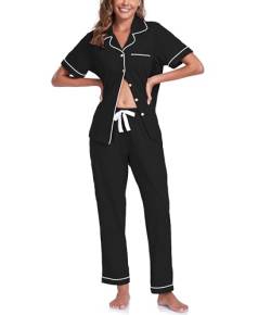 COLORFULLEAF 100% Baumwolle Damen Schlafanzug mit Knopfleiste Nachtwäsche Pyjama Set Zweiteiliger Kurzarm Lange Hose Hausanzug(Schwarz S) von COLORFULLEAF