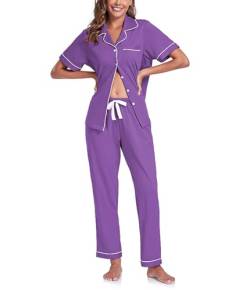 COLORFULLEAF 100% Baumwolle Damen Schlafanzug mit Knopfleiste Nachtwäsche Pyjama Set Zweiteiliger Kurzarm Lange Hose Hausanzug(Veilchen XL) von COLORFULLEAF