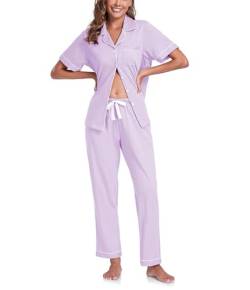 COLORFULLEAF 100% Baumwolle Damen Schlafanzug mit Knopfleiste Nachtwäsche Pyjama Set Zweiteiliger Kurzarm Lange Hose Hausanzug(Violett L) von COLORFULLEAF