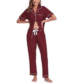 COLORFULLEAF 100% Baumwolle Damen Schlafanzug mit Knopfleiste Nachtwäsche Pyjama Set Zweiteiliger Kurzarm Lange Hose Hausanzug(Weinrot L) von COLORFULLEAF