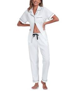 COLORFULLEAF 100% Baumwolle Damen Schlafanzug mit Knopfleiste Nachtwäsche Pyjama Set Zweiteiliger Kurzarm Lange Hose Hausanzug(Weiß S) von COLORFULLEAF