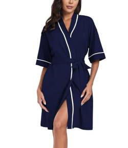 COLORFULLEAF Bademantel Damen Baumwolle Leicht Kurz Kurzarm Morgenmantel Sommer 3/4 Ärmeln Sauna Kimono Frauen Nachtwäsche(Navy Blau 2XL) von COLORFULLEAF