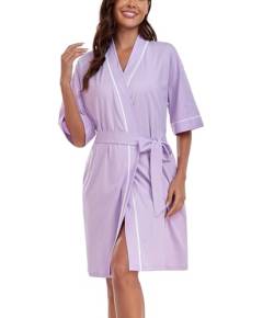 COLORFULLEAF Bademantel Damen Baumwolle Leicht Kurz Kurzarm Morgenmantel Sommer 3/4 Ärmeln Sauna Kimono Frauen Nachtwäsche(Violett L) von COLORFULLEAF