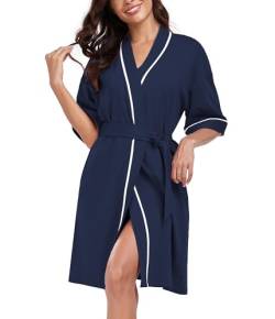 COLORFULLEAF Bademantel Damen Kurz aus Bambus Baumwolle Leichter Morgenmantel Damen Dünn Leicht Kimono Saunamante(Navy Blau,L) von COLORFULLEAF