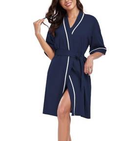 COLORFULLEAF Bademantel Damen Kurz aus Bambus Baumwolle Leichter Morgenmantel Damen Dünn Leicht Kimono Saunamante(Navy Blau,XL) von COLORFULLEAF