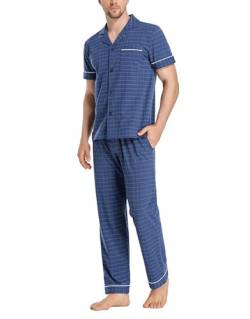 COLORFULLEAF Baumwolle Pyjama Herren Kariert Schlafanzug Kurzarm Oberteil Langer Hose Zweiteiliger Nachtwäsche Loungewear für Männer(Dunkelblau,S) von COLORFULLEAF