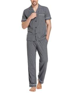 COLORFULLEAF Schlafanzug Herren Baumwolle Pyjama Sommer Zweiteiliges Set Kurzarm T-Shirt Pyjamahose Herren Lang(Grau Plaid,S) von COLORFULLEAF