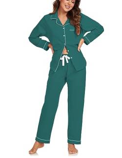 COLORFULLEAF Damen Schlafanzug 100% Baumwolle mit Knopfleiste Langarm Pyjamas Set Zweiteiliger Lang Nachtwäsche Hausanzug (Grün M) von COLORFULLEAF