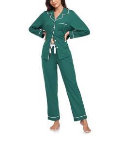 COLORFULLEAF Damen Schlafanzug 100% Baumwolle mit Knopfleiste Langarm Pyjamas Set Zweiteiliger Lang Nachtwäsche Hausanzug (Grün XL) von COLORFULLEAF