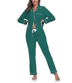 COLORFULLEAF Damen Schlafanzug 100% Baumwolle mit Knopfleiste Langarm Pyjamas Set Zweiteiliger Lang Nachtwäsche Hausanzug (Grün XXL) von COLORFULLEAF