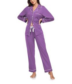 COLORFULLEAF Damen Schlafanzug 100% Baumwolle mit Knopfleiste Langarm Pyjamas Set Zweiteiliger Lang Nachtwäsche Hausanzug (Veilchen XL) von COLORFULLEAF