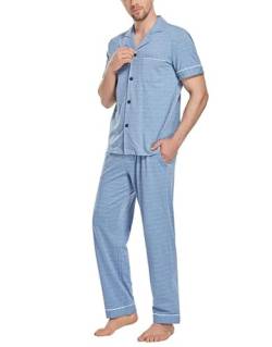 COLORFULLEAF Schlafanzug Herren Baumwolle Pyjama Sommer Zweiteiliges Set Kurzarm T-Shirt Pyjamahose Herren Lang(Hellblau Plaid,S) von COLORFULLEAF
