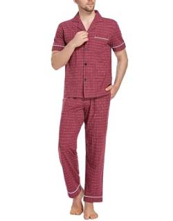 COLORFULLEAF Schlafanzug Herren Baumwolle Pyjama Sommer Zweiteiliges Set Kurzarm T-Shirt Pyjamahose Herren Lang(Rot Plaid,L) von COLORFULLEAF