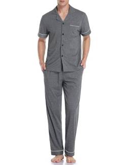 COLORFULLEAF Herren Schlafanzug Pyjama 100% Baumwolle Kurzarm Lange Hose Zweiteiliger Nachtwäsche mit Knopfleiste Loungewear für Männer(Dunkelgrau,S) von COLORFULLEAF