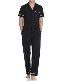 COLORFULLEAF Herren Schlafanzug Pyjama 100% Baumwolle Kurzarm Lange Hose Zweiteiliger Nachtwäsche mit Knopfleiste Loungewear für Männer(Schwarz,L) von COLORFULLEAF
