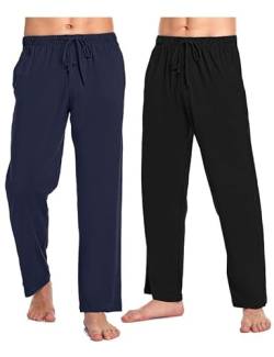 COLORFULLEAF Herren Schlafanzughose 100% Baumwolle Jersey mit Tasche Pyjamahose Lang Relaxed Fit Jogginghose Freizeithose(Schwarz/Marineblau,XL) von COLORFULLEAF