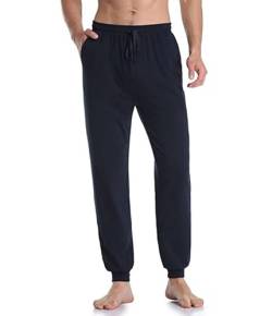 COLORFULLEAF Herren Schlafanzughose Baumwolle Jersey mit Tasche Pyjamahose Lang mit Bündchen Jogginghose Freizeithose(Marineblau,M) von COLORFULLEAF
