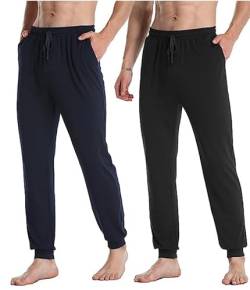 COLORFULLEAF Herren Schlafanzughose Baumwolle Jersey mit Tasche Pyjamahose Lang mit Bündchen Jogginghose Freizeithose(Schwarz*1+Marineblau*1,L) von COLORFULLEAF