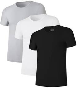 COLORFULLEAF Herren T-Shirt 3er Pack Kurzarm Unterhemd aus Bambus mit Rundhals/V-Ausschnitt Stretch Unterziehshirt Männer(Black/Weiß/Grau,L) von COLORFULLEAF
