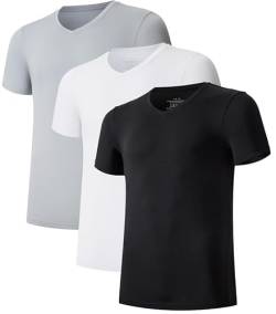 COLORFULLEAF Herren T-Shirt 3er Pack Kurzarm Unterhemd aus Bambus mit Rundhals/V-Ausschnitt Stretch Unterziehshirt Männer(Black/Weiß/Grau,S) von COLORFULLEAF