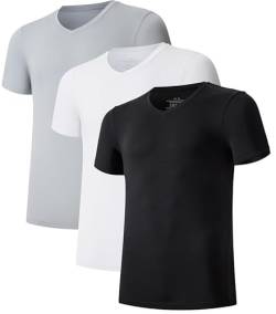 COLORFULLEAF Herren T-Shirt 3er Pack Kurzarm Unterhemd aus Bambus mit Rundhals/V-Ausschnitt Stretch Unterziehshirt Männer(Black/Weiß/Grau,XL) von COLORFULLEAF