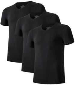 COLORFULLEAF Herren T-Shirt 3er Pack Kurzarm Unterhemd aus Bambus mit Rundhals/V-Ausschnitt Stretch Unterziehshirt Männer(Schwarz,M) von COLORFULLEAF