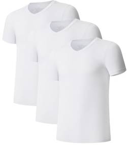 COLORFULLEAF Herren T-Shirt 3er Pack Kurzarm Unterhemd aus Bambus mit Rundhals/V-Ausschnitt Stretch Unterziehshirt Männer(Weiß,S) von COLORFULLEAF