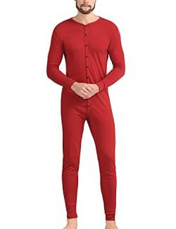 COLORFULLEAF Herren Thermo-Unterwäsche Union Suits Henley Einteiler Base Layer - Rot - Medium von COLORFULLEAF