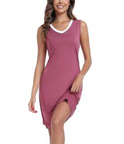 COLORFULLEAF Nachthemd Damen Ärmellos Nachtwäsche Sommer V-Ausschnitt Bambus Schlafshirt Kurz Sexy Negligee Sleepshirt Nachtkleid (Mauve,XL) von COLORFULLEAF