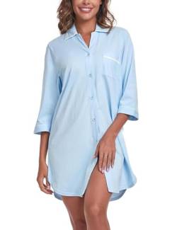 COLORFULLEAF Nachthemd Damen Baumwolle Sleepshirt 3/4-Ärmel Schlafshirt Nachtwäsche mit Knopfleiste(Hellblau,M) von COLORFULLEAF