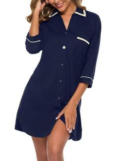 COLORFULLEAF Nachthemd Damen Baumwolle Sleepshirt 3/4-Ärmel Schlafshirt Nachtwäsche mit Knopfleiste(Navy Blau,2XL) von COLORFULLEAF